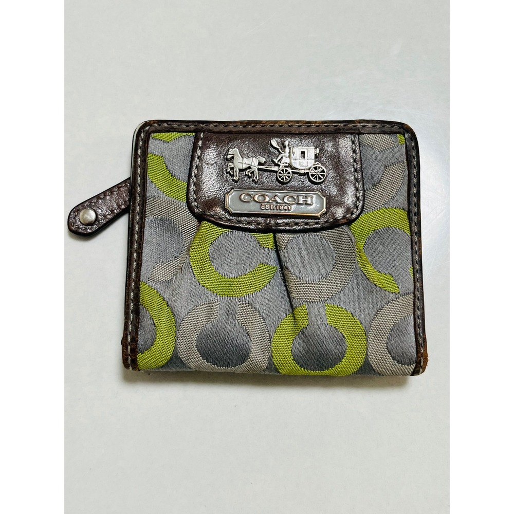 Y2K Coach Signature Wallet Green Silver Small Bifold Logo Canvas Leather Trim